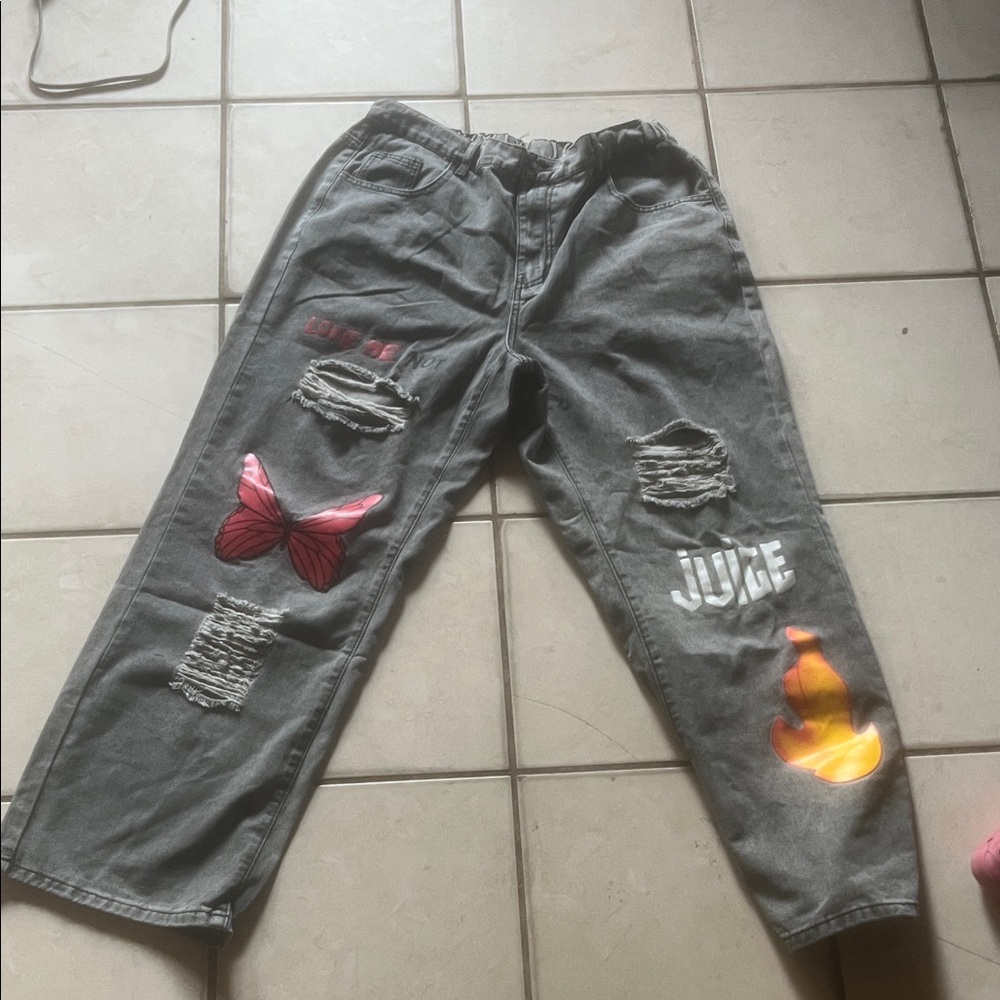 Gray Kids Bottoms with Butterfly and Juice Graphics